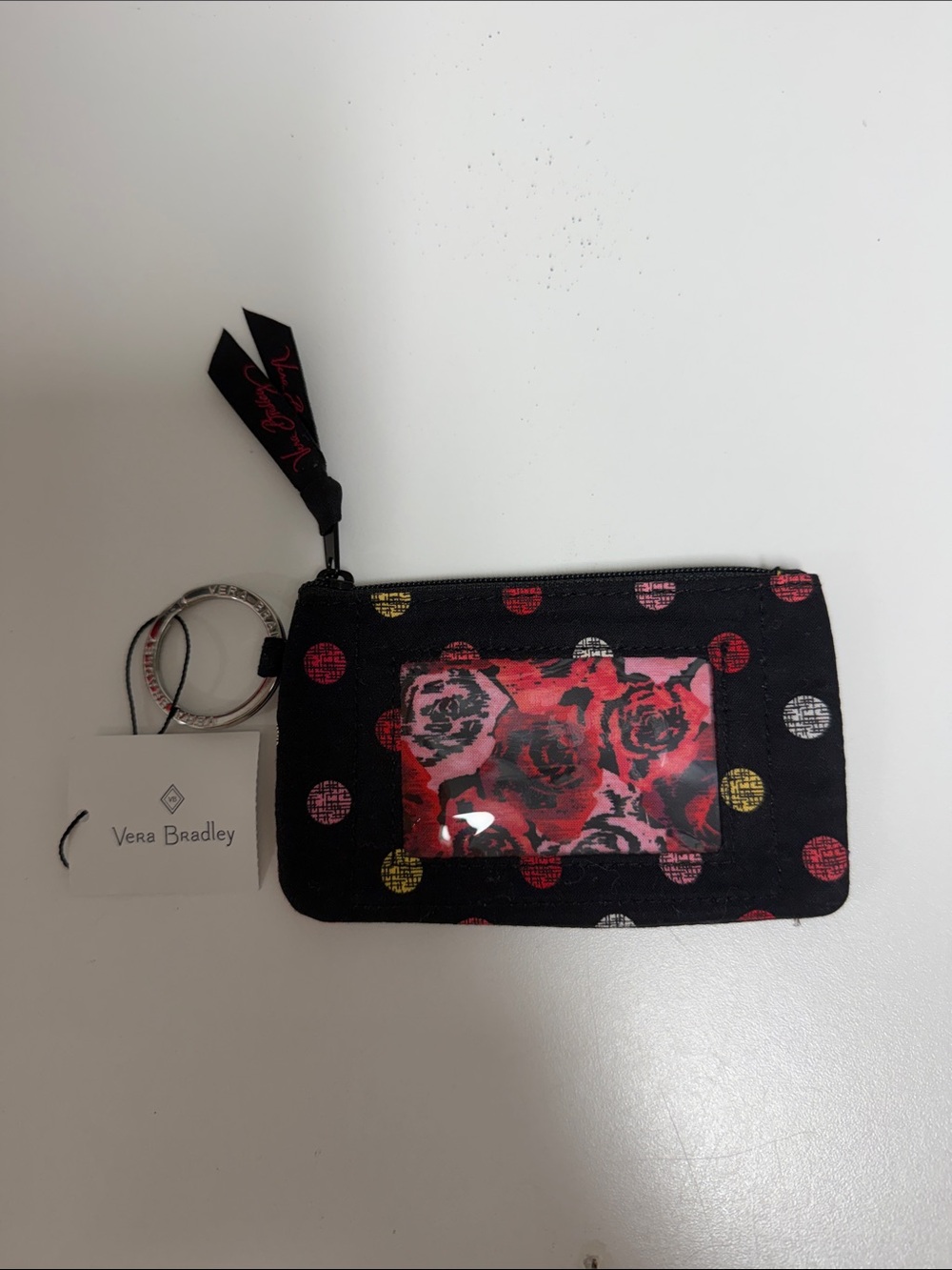 Vera Bradley Black Polka Dot ID Wristlet with Red Rose Insert